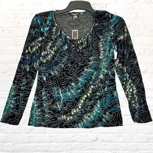 Susan Lawrence Velvet Burn Out Blouse Size M Petite Ruffled Floral Boho Y2K NWT
